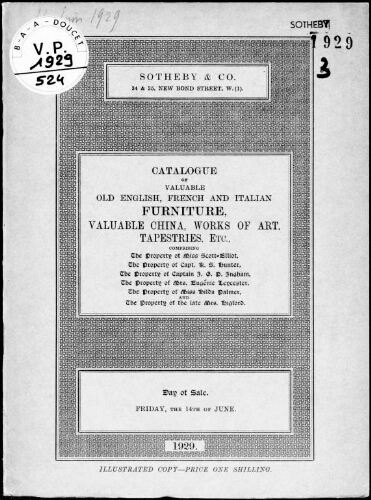 Catalogue of old English, French and Italian furniture [...] comprising the property of Miss Scott-Elliot [...] : [vente du 14 juin 1929]