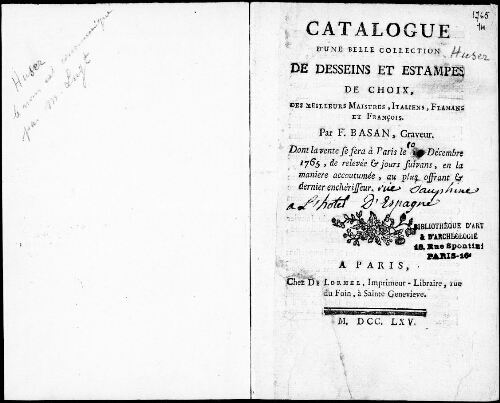 Catalogue d'une belle collection de dessins et estampes de choix, des meilleurs maîtres [...] : [vente du 10 décembre 1765]