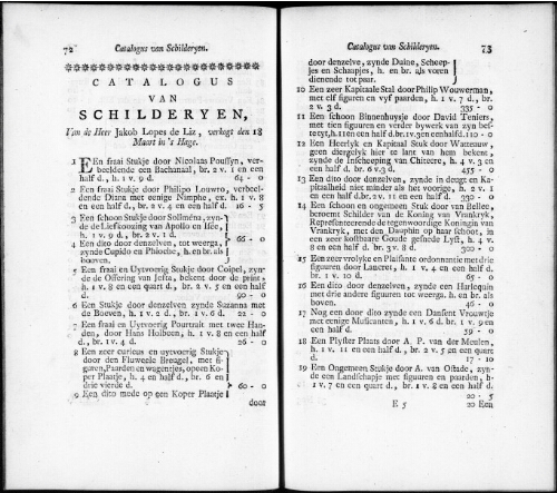 Catalogus van Schilderyen van de Heer Jakob Lopes de Liz [...] : [vente du 18 mars 1743]