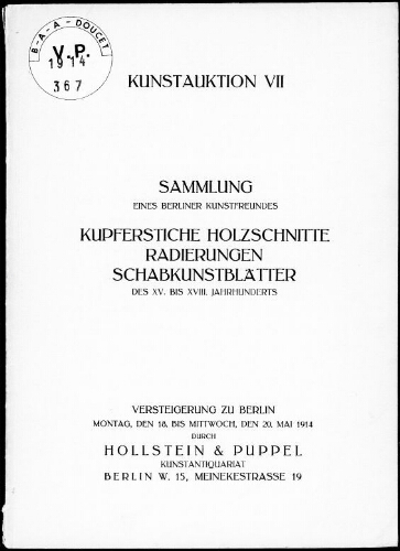 Sammlung eines Berliner Kunstfreundes Kupferstiche Holzschnitte Radierungen Schabkunstblätter des XV. bis XVIII. Jahrhunderts […] : [vente du 18 mai 1914]
