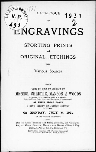 Catalogue of engravings, sporting prints and original etchings from various sources : [vente du 6 juillet 1931]
