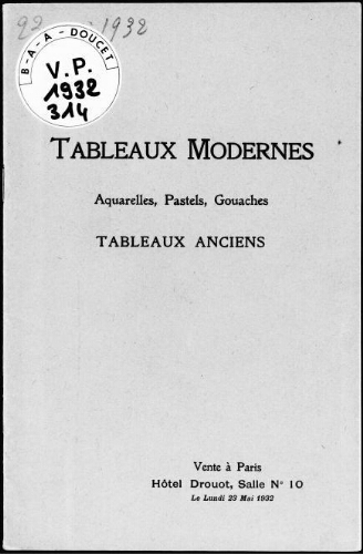 Tableaux modernes, aquarelles, pastels, gouaches, tableaux anciens : [vente du 23 mai 1932]