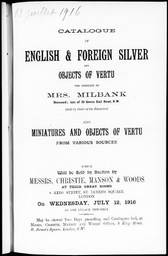 Catalogue of English and foreign silver and objects of vertu […] : [vente du 12 juillet 1916]