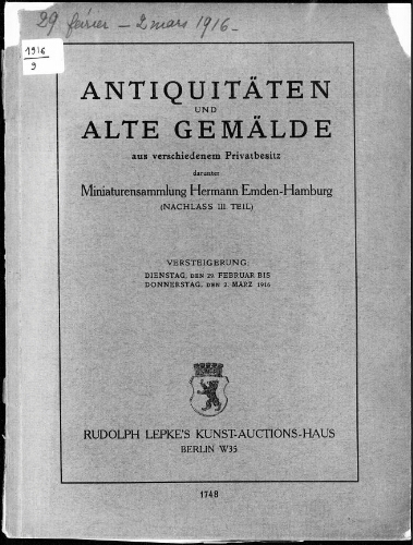 Antiquitäten und alte Gemälde [...] : [vente du 29 février au 2 mars 1916]