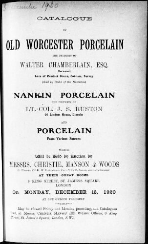 Catalogue of Worcester Porcelain the Property of Walter Chamberlain, Esq., Deceased, Late of Pendock Grove, Cobham, Surrey [...] : [vente du 13 décembre 1920]