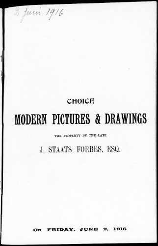 Catalogue of choice modern pictures and water colour drawings of the British and continental schools […] : [vente du 2 juin 1916]
