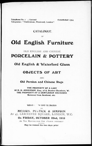 Catalogue of old English furniture […] : [vente du 22 octobre 1915]