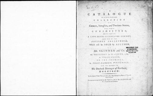 Catalogue of a very valuable collection of cameos, intaglios, and precious stones [...] : [vente du 8 juin 1786]