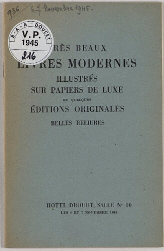 Très beaux livres modernes [...] : [vente des 6 et 7 novembre 1945]