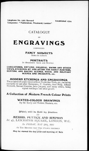 Catalogue of engravings comprising fancy subjects some in colours […] : [vente du 28 mai 1915]