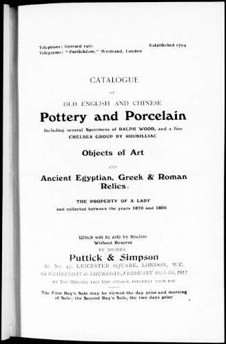 Catalogue of old English and Chinese pottery and porcelain […] : [vente du 4 février 1914]