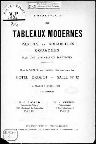 Catalogue des tableaux modernes, pastels, aquarelles, gouaches par une association d'artistes : [vente du 5 avril 1921]