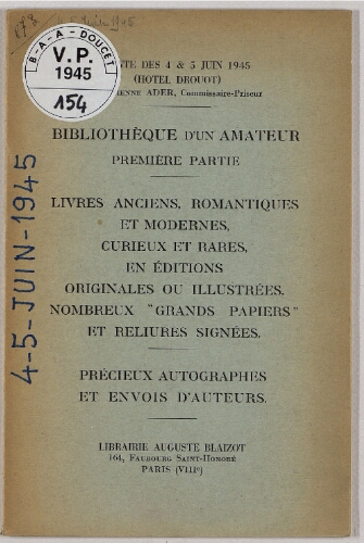 Bibliothèque d'un amateur, première partie [...] : [vente des 4 et 5 juin 1945]