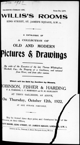Catalogue of a collection old and modern pictures and drawings [...] : [vente du 12 octobre 1922]