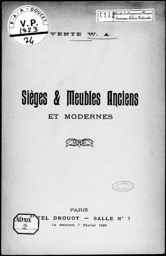 Vente W.A. Sièges et meubles anciens et modernes : [vente du 7 février 1923]