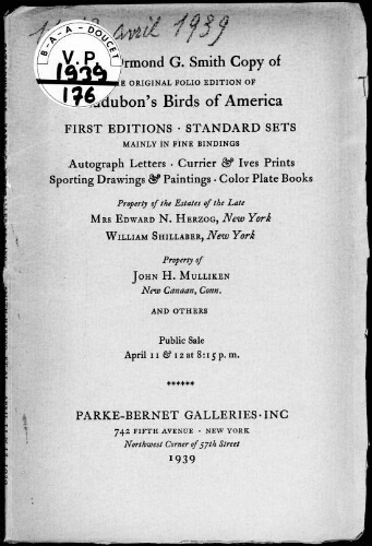 Ormond G. Smith copy of the original folio edition of Audubon's Birds of America […] : [vente des 11 et 12 avril 1939]