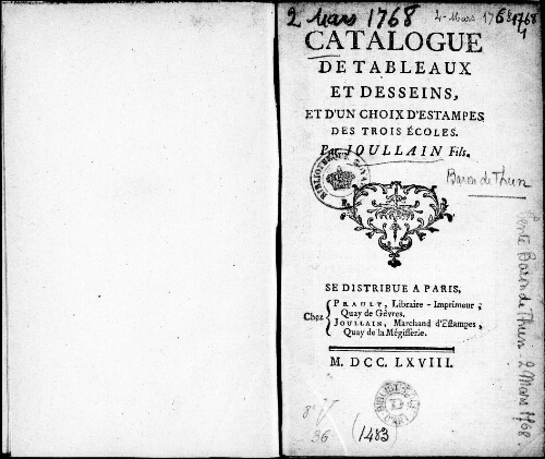 Catalogue de tableaux et dessins, et d'un choix d'estampes des trois écoles [...] : [vente du 2 mars 1768]
