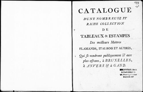 Catalogue d'une nombreuse et riche collection de tableaux et estampes des meilleurs maîtres [...] : [vente du 5 mai 1777]