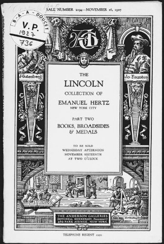 Lincoln collection of Emanuel Hertz, New York City (part two), books, broadsides and medals [...] : [vente du 16 novembre 1927]