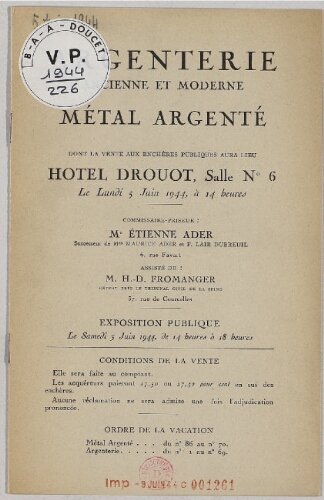 Argenterie ancienne et moderne, métal argenté : [vente du 5 juin 1944]