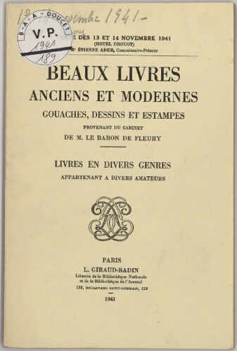 Beaux livres anciens et modernes [...] : [vente des 13 et 14 novembre 1941]
