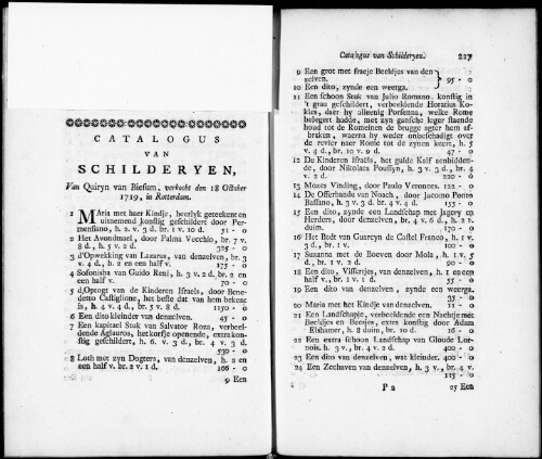Catalogus van Schilderyen van Quiryn van Biesum [...] : [vente du 18 octobre 1719]