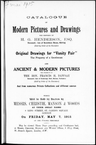 Catalogue of modern pictures and drawings […] : [vente du 7 mai 1915]