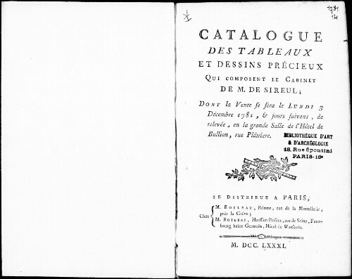 Catalogue des tableaux et dessins précieux qui composent le cabinet de M. de Sireul […] : [vente du 3 décembre 1781]