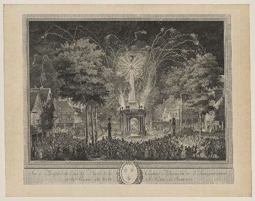 Feu d'artifice tiré sur la place de la Couture à l'occasion de l'inauguration de la Statue du Roi à Reims, 26 Août 1765