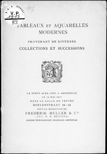 Tableaux et aquarelles modernes provenant de diverses collections et successions […] : [vente du 15 mai 1917]