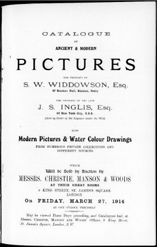 Catalogue of ancient and modern pictures [...] : [vente du 27 mars 1914]