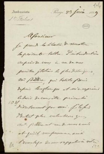 Lettre d'un membre de l'ambassade d'Italie à Jean-Louis-Ernest Meissonier, 23 juin 1889