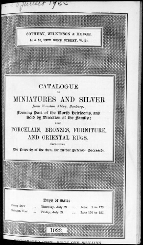 Catalogue of miniatures and silver from Wroxton Abbey, Banbury, forming part of the North heirlooms [...] : [vente des 27 et 28 juillet 1922]