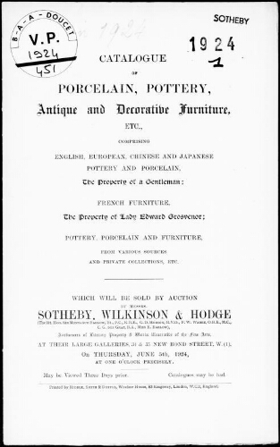 Catalogue of porcelain, pottery, antique and decorative furniture, etc. [...] : [vente du 5 juin 1924]