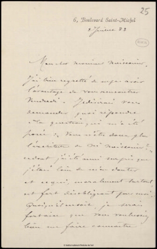 Lettre de Paul Boeswillwald à Jean-Louis-Ernest Meissonier, 2 juillet 1883 et réponse de Jean-Louis-Ernest Meissonier [...]