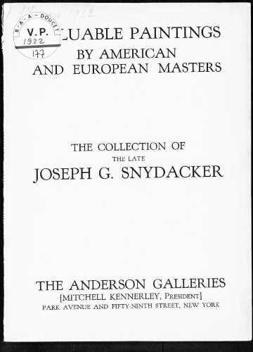 Valuable paintings by American and European masters, the collection of the late Joseph G. Snydacker : [vente du 17 mars 1922]