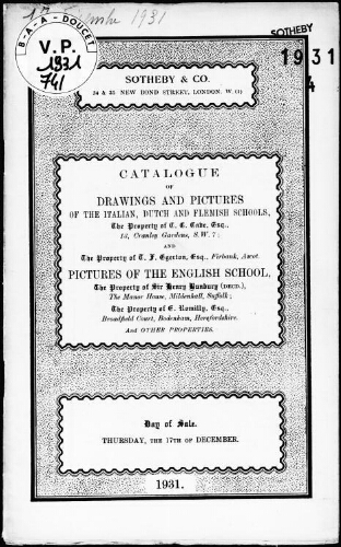 Catalogue of drawings and pictures of the Italian, Dutch and Flemish schools, the property of C. C. Cave, Esquire [...] : [vente du 17 novembre 1931]