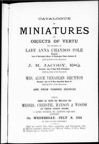 Catalogue of miniatures and objects of vertu […] : [vente du 8 juillet 1914]
