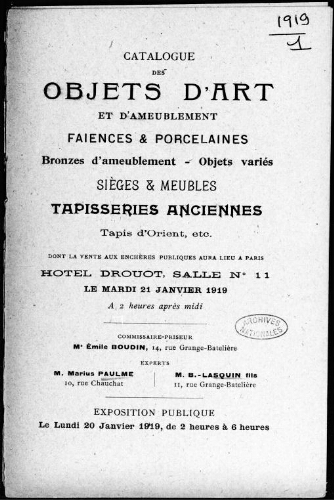 Catalogue des objets d'art et d'ameublement, faïences et porcelaines [...] : [vente du 21 janvier 1919]