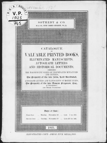 Catalogue of valuable printed books [...], the property of the late John, Lord Northwick [...] : [vente des 16 et 17 novembre 1925]