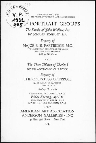 Two portrait groups [...], property of Major R. E. Partridge, M.C. [...] : [vente du 22 avril 1932]