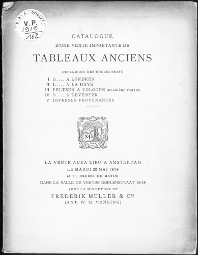 Catalogue d'une vente importante de tableaux anciens [...] : [vente du 20 mai 1919]