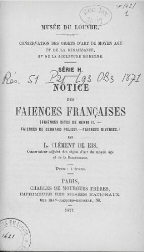 Notice des faïences françaises : série H
