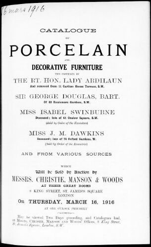 Catalogue of porcelain and decorative furniture […] : [vente du 16 mars 1916]