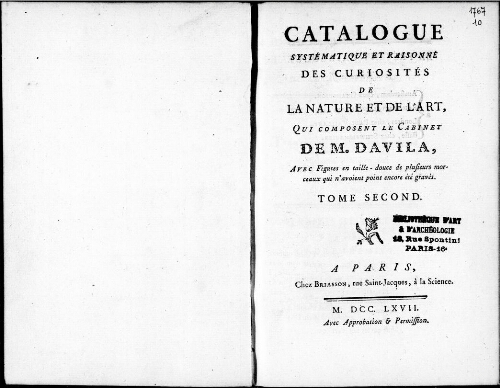 Catalogue systématique et raisonné des curiosités de la nature et de l'art qui composent le cabinet de M. Davila [...] : [vente du 12 novembre 1767]. Tome 2