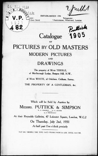 Catalogue of pictures by old masters, modern pictures and drawings, the property of Miss Treble […] : [vente du 2 juillet 1931]