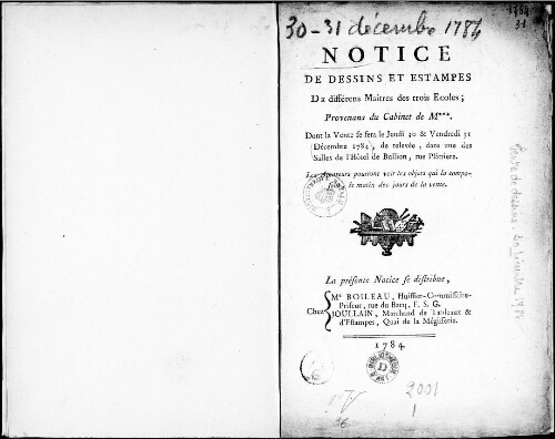 Notice de dessins et estampes de différents maîtres des trois écoles [...] : [vente du 30 décembre 1784]