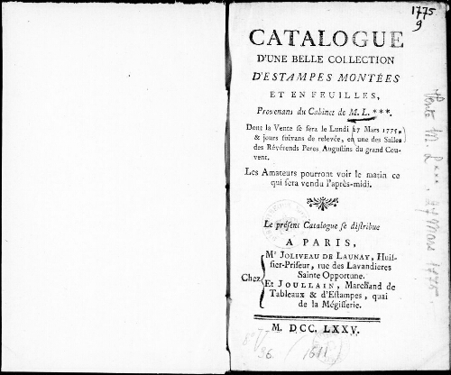 Catalogue d'une belle collection d'estampes montées et en feuilles provenant du cabinet de M. L.*** [...] : [vente du 27 mars 1775]