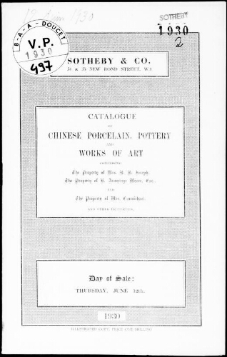Catalogue of Chinese porcelain, pottery and works of art, comprising the property of Mrs. H. H. Joseph [...] : [vente du 12 juin 1930]