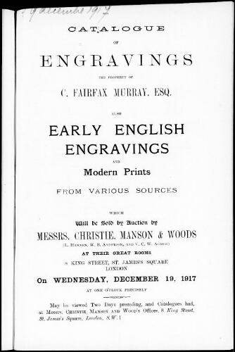 Catalogue of engravings […] : [vente du 19 décembre 1917]
